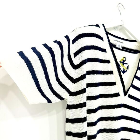 Alfred Dunner White Blue Stripe Anchor Embroidered Neck Retro Fisherman Sweater - Picture 5 of 14